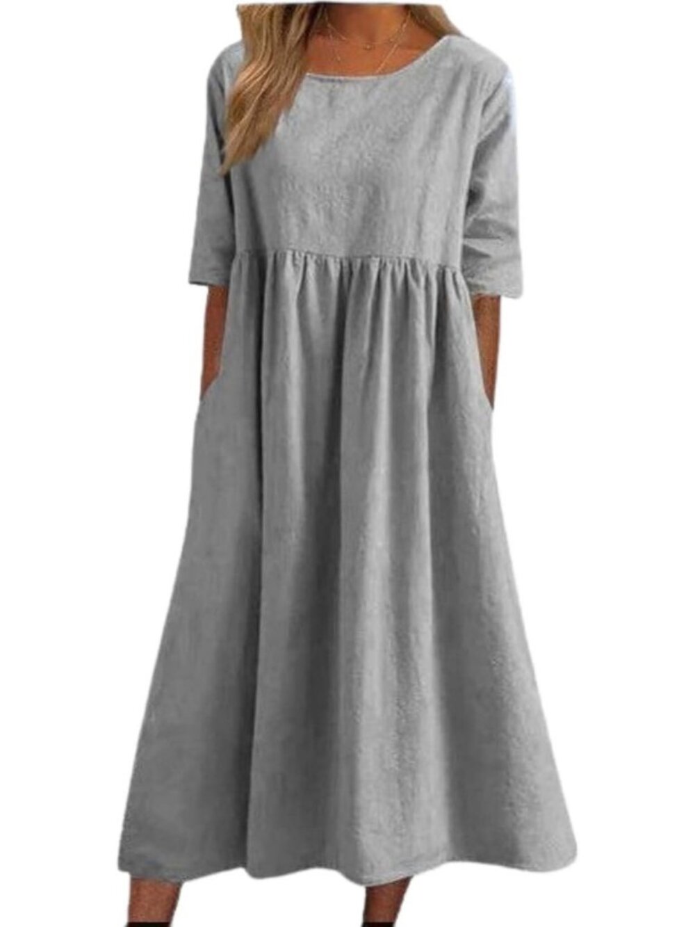 Women's Grey Stylish Sleeve Crewneck Floral Print Casual Mode Maxi Long Dress